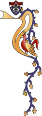 Medieval illustration showing gold vine, red bird under fleur-de-lis shield, transparent background