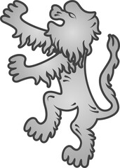 Silver-grey heraldic lion is rearing in flat vector design, transparent background, copy space