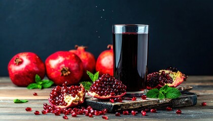 Still Life Composition Featuring Pomegranates and Fresh Juice