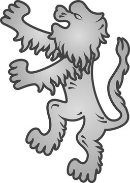 Silver-grey heraldic lion is rearing in flat vector design, transparent background, copy space