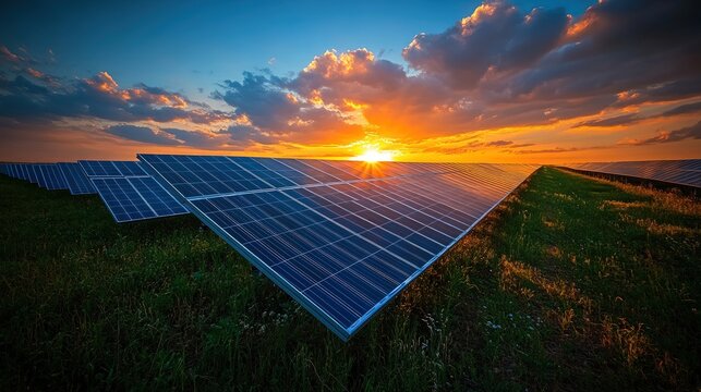 Solar panels at sunset on a grassy field