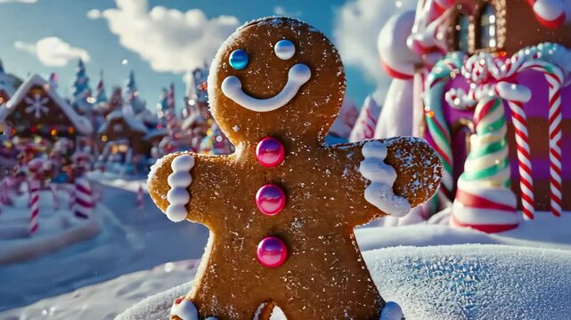 Cheerful gingerbread man in snowy candy land with festive winter holiday theme.