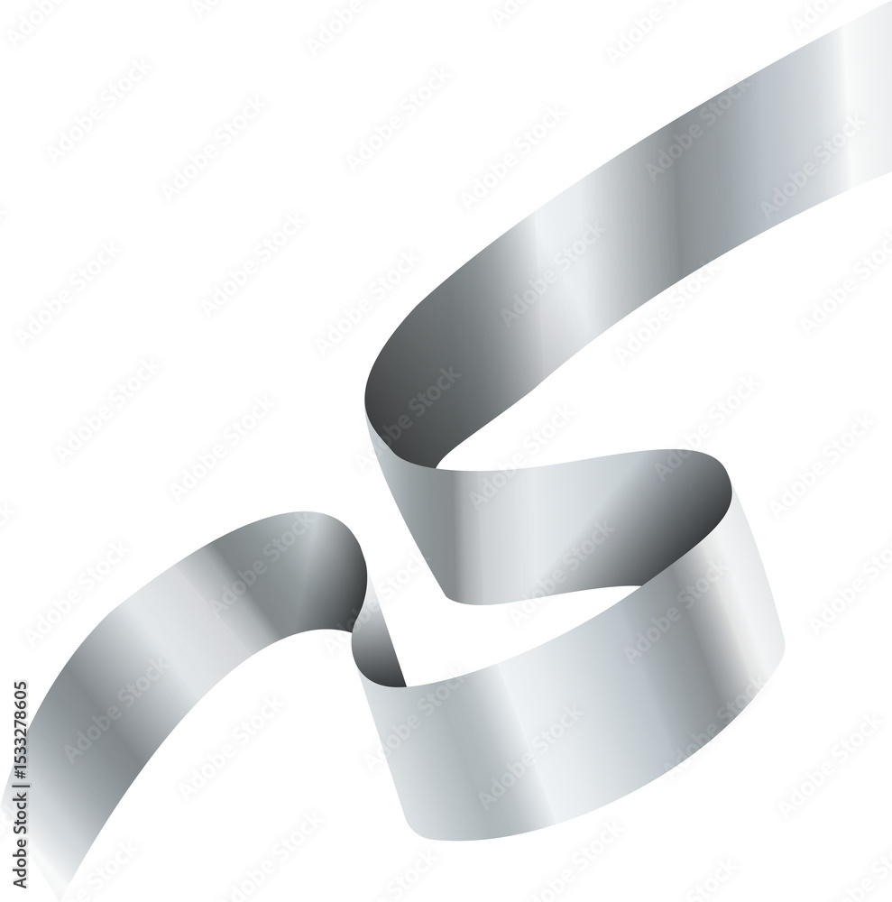 Poster 3d metallic silver ribbon is twisting and floating in transparent backdrop with gradient shading
