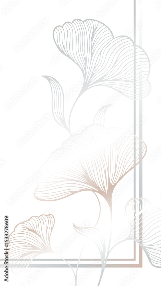 Poster vector drawing is showing ginkgo leaves with metallic gradient frame on transparent backdrop