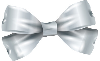 Metallic silver ribbon bow is featuring shading and highlights on transparent backdrop, copy space