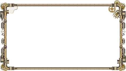 Steampunk frame is showing metal pipes, gears, valves, gauges, rivets on transparent backdrop