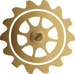 Stylized golden gear wheel is being shown on transparent background, featuring central screw head