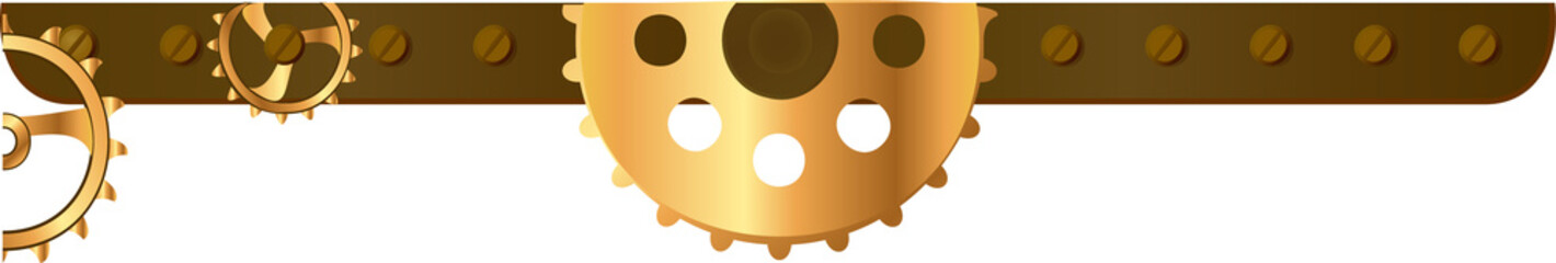Three golden gear wheels are interlocking on dark brown bar in 3D render, transparent background