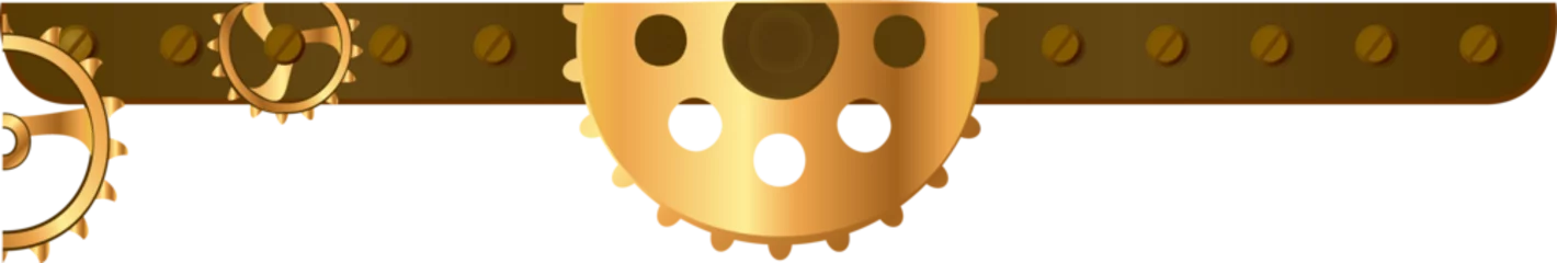 Three golden gear wheels are interlocking on dark brown bar in 3D render, transparent background