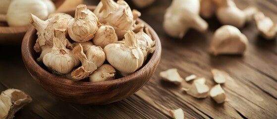 Fototapeta premium Garlic bulbs arranged in a wooden bowl on a table