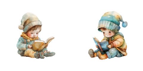 kid reading book watercolor vector illustration