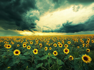 Fototapeta premium Sunflowers Blooming in Field Under Dramatic Cloudy Sky at Sunset