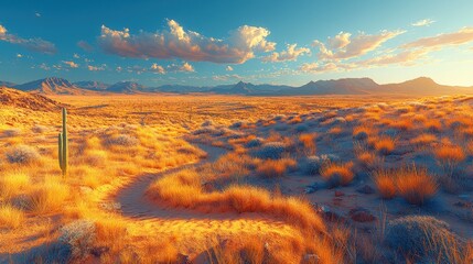 Golden desert landscape at sunset.  Vast, dry plains,  grassy areas,  cacti, and distant mountains.  Vibrant colors