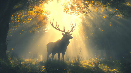 Majestic deer silhouetted in a sunlit forest.
