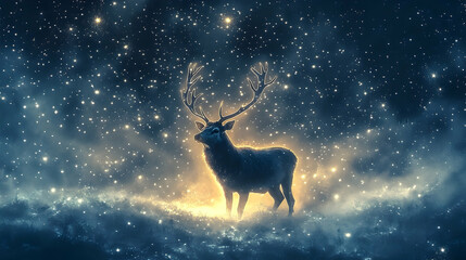 Silhouetted deer standing on a hill under a starry night sky.
