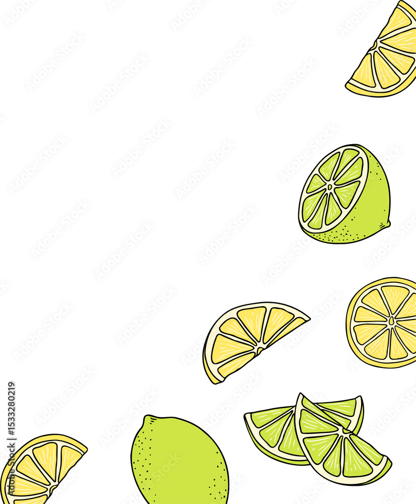 Poster hand-drawn citrus slices are floating on transparent background with lemon wedges and lime halves