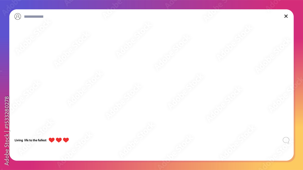 Poster flat design post showing gradient border, media block and heart or comment icons, transparent back
