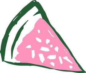 Triangular watermelon slice is floating on transparent background, revealing hand-drawn flat design