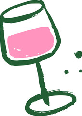 Flat design wine glass is tilting with pink liquid and green droplets on transparent background