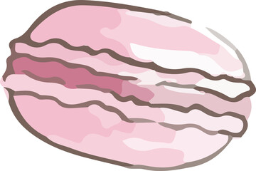 Flat illustration featuring pink macaron cookie on transparent background, showing meringue shells
