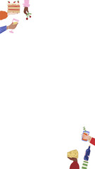 Flat border is showing cake slice, hands with drinks, cheese on transparent background, copy space