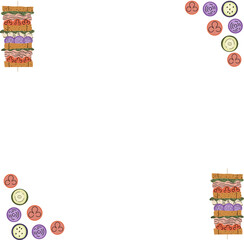 Flat design showing vegetable and meat skewers forming food frame on transparent canvas, copy space