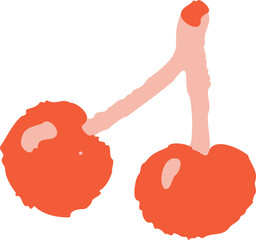 Flat cherry illustration is featuring two round fruits connected by stem on transparent background