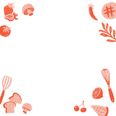 Hand-drawn coral border is framing kitchen produce and utensils on transparent backdrop, copy space