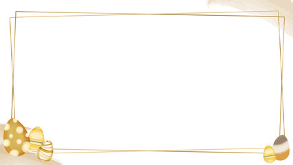 Flat design is showcasing golden frame, beige stains, Easter eggs on transparent canvas, copy space