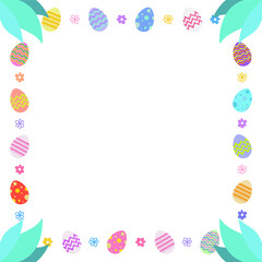 flat Easter border is showing pastel eggs, flowers and leaves on transparent background, copy space