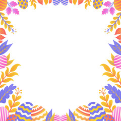 Easter frame is showing decorated eggs, leaves in flat style on transparent background, copy space