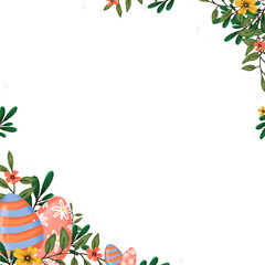Flat Easter frame is showing floral foliage, eggs, sparkles on transparent background, copy space