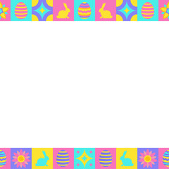Flat design Easter frame is showing eggs, bunnies, flowers on transparent backdrop, copy space