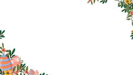 Fototapeta premium Handdrawn Easter border is featuring pastel eggs, flowers, foliage, stars, transparent copy space