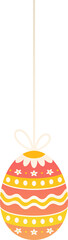 Easter egg ornament is hanging on tied-bow string with floral stripes, flat, transparent background