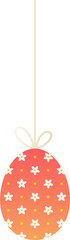 Coral-to-orange floral Easter egg is hanging by bow string in flat design, transparent background