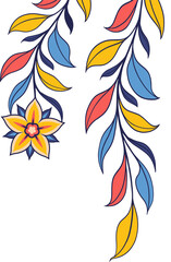 Flat vector vines are showcasing yellow, coral red, sky blue leaves, flower, transparent background
