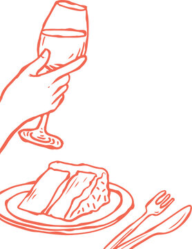 Naklejki Sketch-like drawing is showing hand holding wine glass with cake slice and utensils, transparent bg