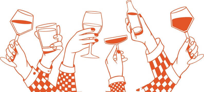 Naklejki Six sleeves are raising wine glass, beer bottle, cocktail glass in orange line art, transparent bg