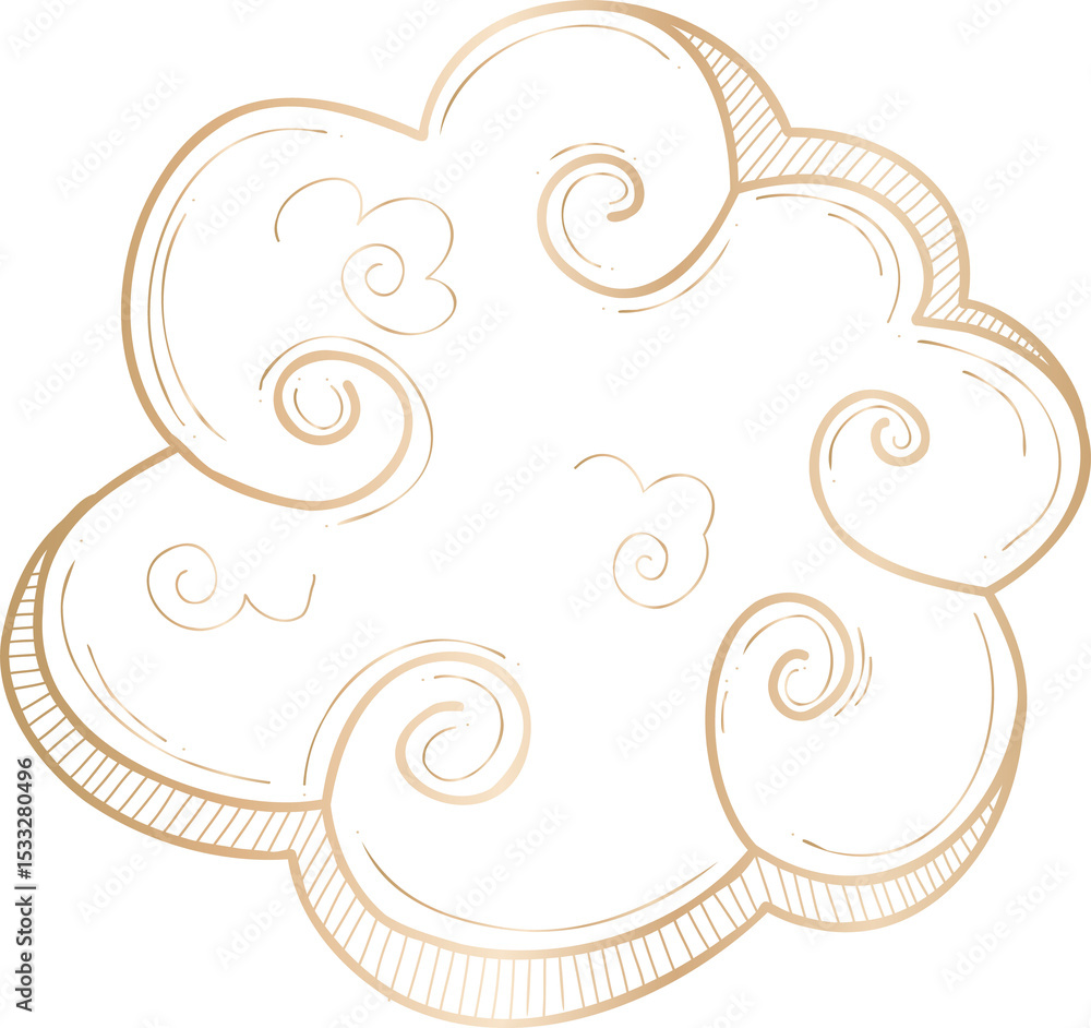 Poster cloud doodle is forming spiral curls and hatching details in sketch style on transparent background