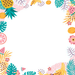 Tropical border is forming flat design with transparent center, pineapple and bananas, copy space