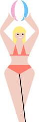 Female figure is holding pastel beach ball overhead in flat-design vector on transparent background