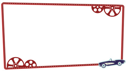 Flat design showing red filmstrip border, reels and blue car overlapping on transparent background