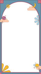 Arched frame is showing pastel clouds, celestial motifs and peace tiles on transparent background