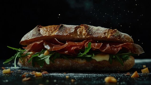 Close-up of a gourmet sandwich.  A long, rustic bread roll filled with prosciutto, arugula, and cheese.  Flour dusts the dark surface.  Particles of steam or flour are in the air