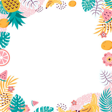 Tropical border is forming flat design with transparent center, pineapple and bananas, copy space