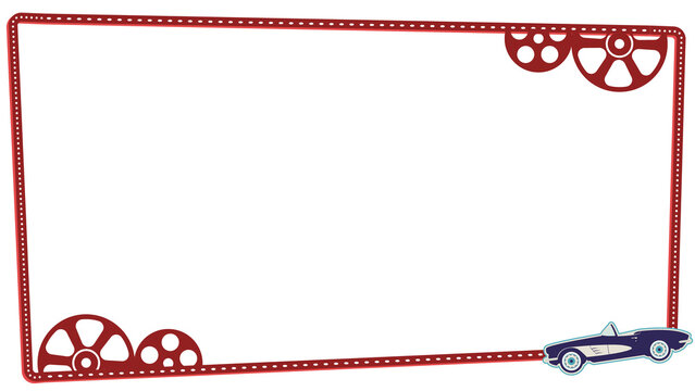 Fototapeta Flat design showing red filmstrip border, reels and blue car overlapping on transparent background