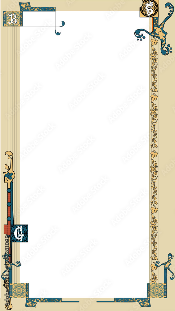 Aufkleber vector frame border is showcasing gold vine motifs and teal scrollwork with transparent background