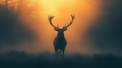 Naklejka premium Majestic stag silhouetted against a sunrise mist.