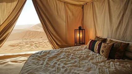 Luxury desert camping: Tent interior with bed, pillows, and serene desert view. Travel, lifestyle, glamping, tourism, and adventure vacation concept. - Powered by Adobe